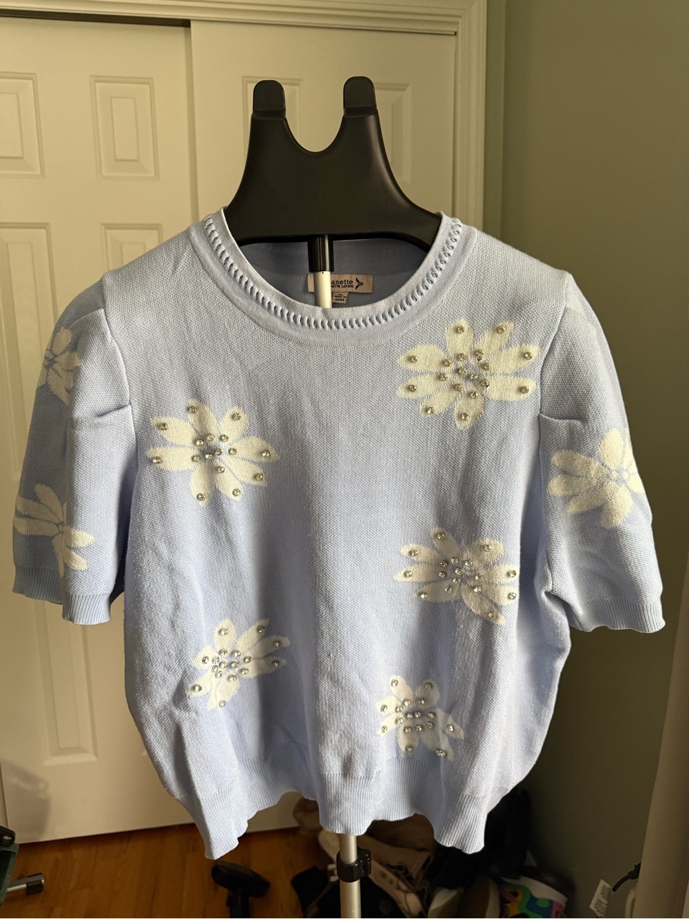 Nanette Lepore Blue Floral Applique XL Cottagecore Coquette Knit Top